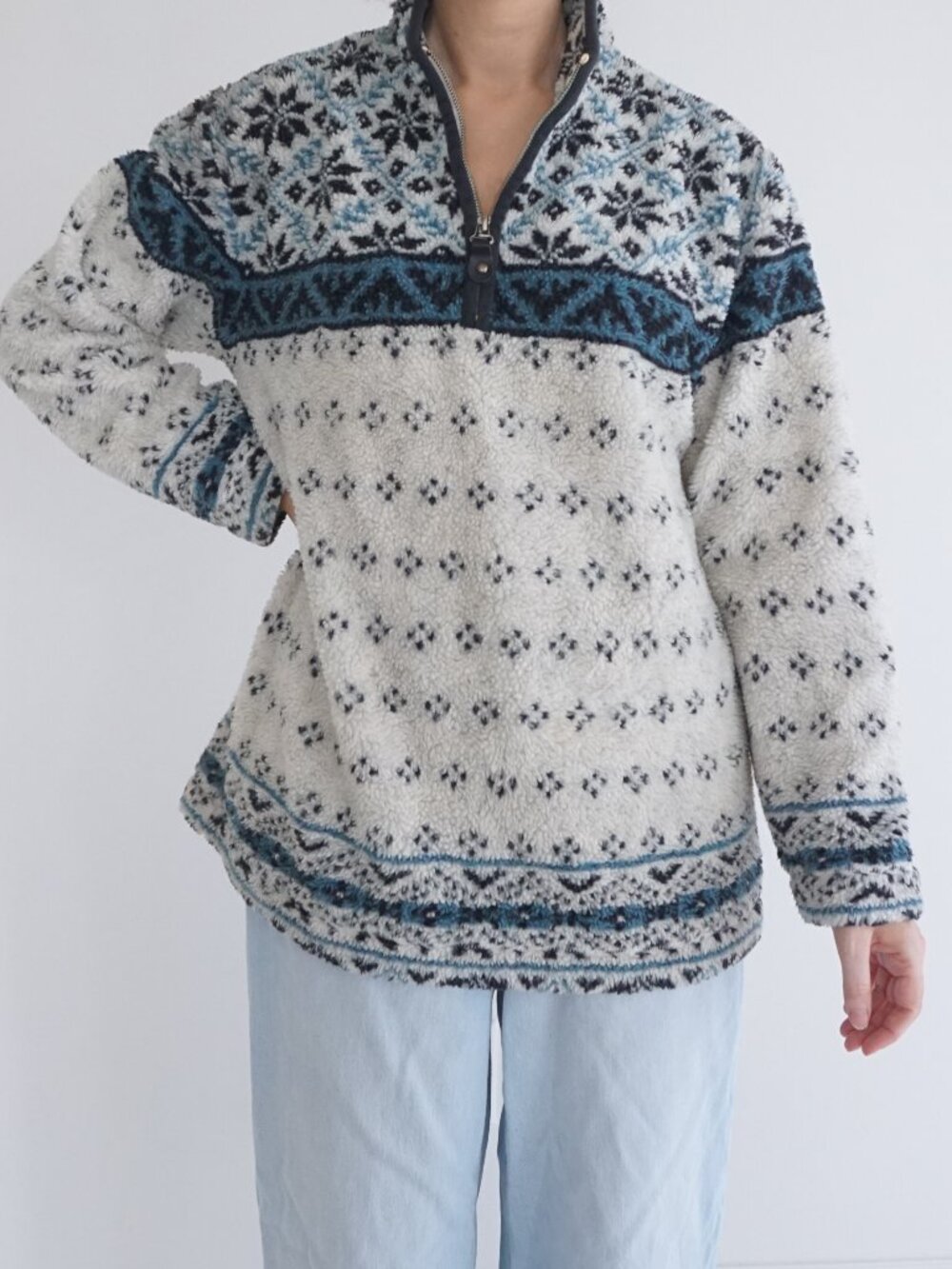Vintage Marsh Landing Ivory Nordic Snowflake Quarter Zip Ski Fleece Sweater M